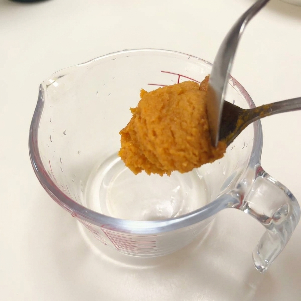 Metalowa łyżka nakładająca pastę miso do szklanej miarki z płynnymi przyprawami.