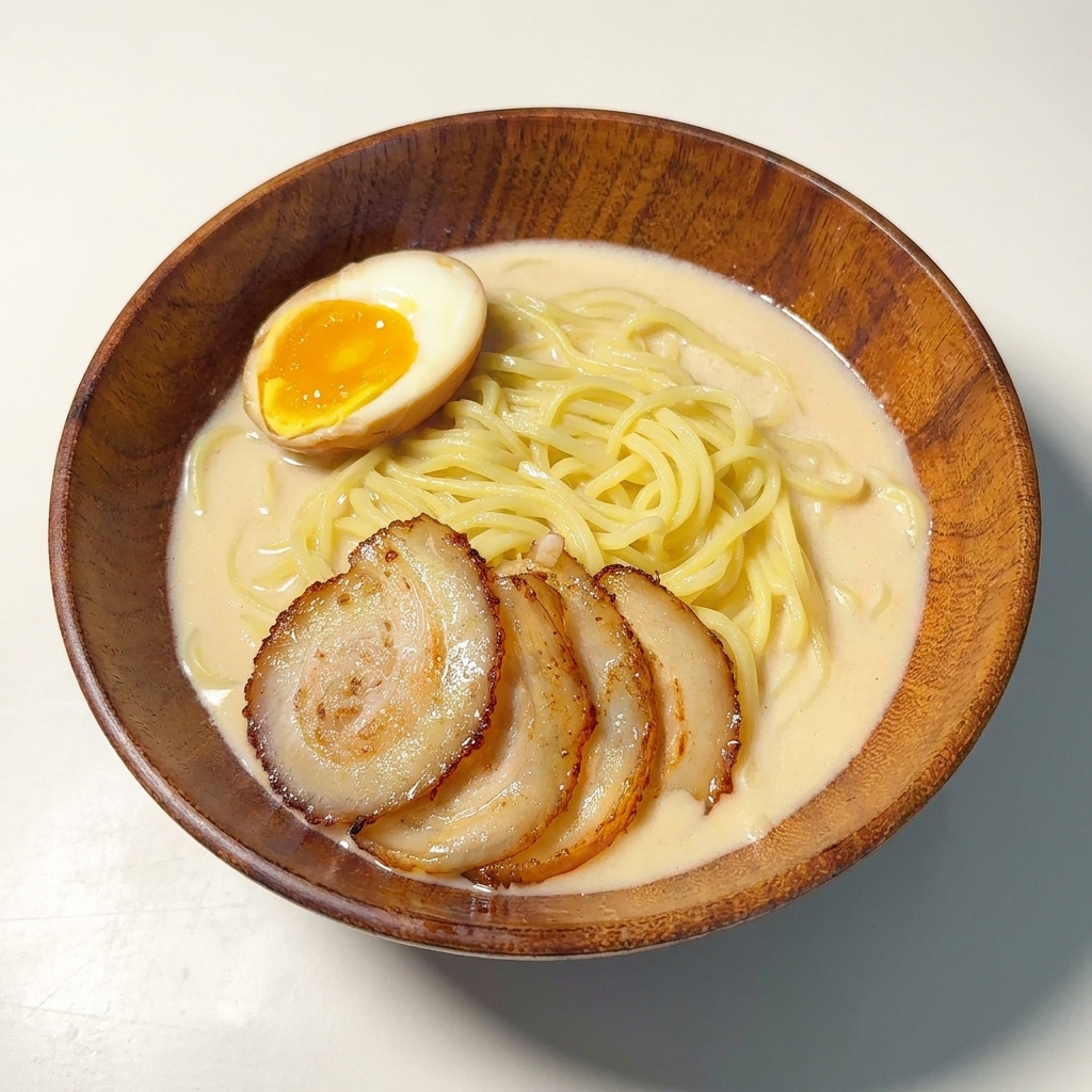 Drewniana miska ramenu tonkotsu z boczkiem chashu i połówką jajka z płynnym żółtkiem.