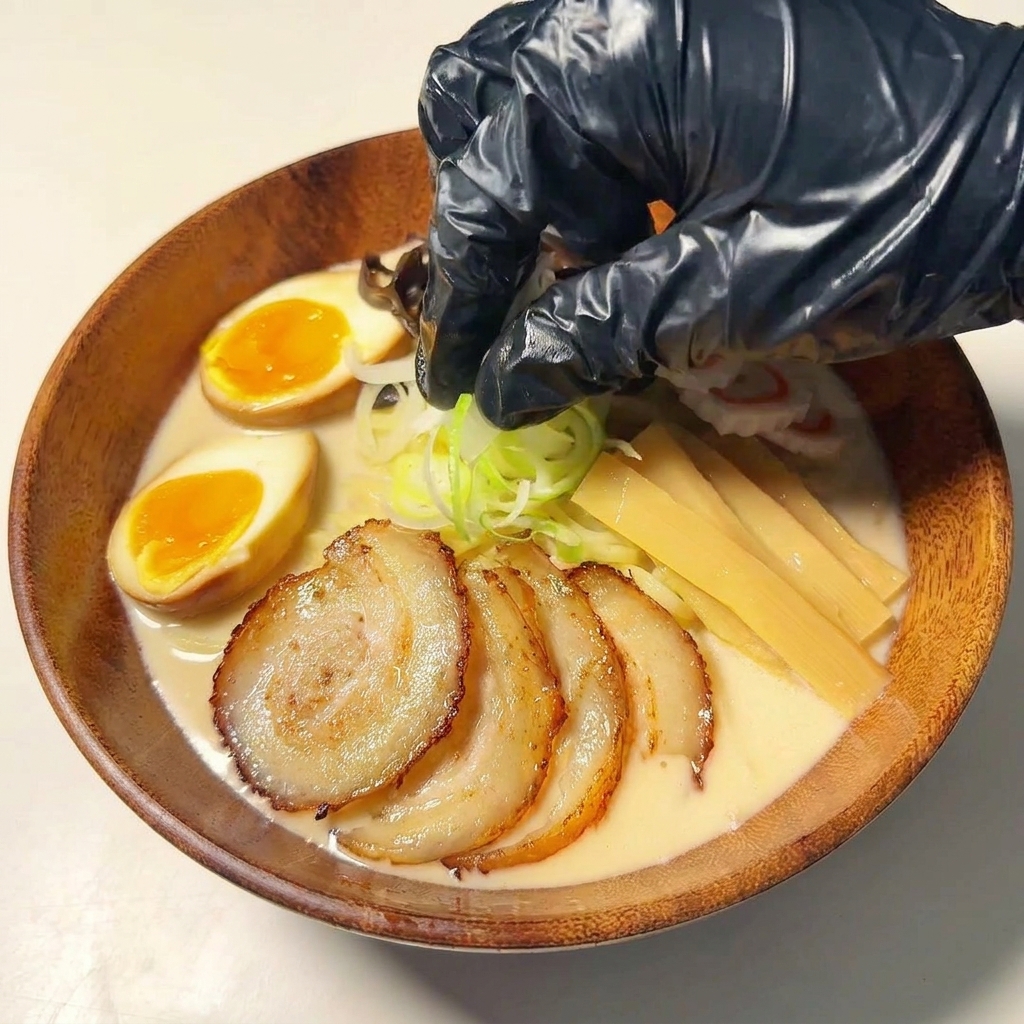 Ręka posypująca gotowy ramen posiekaną dymką.