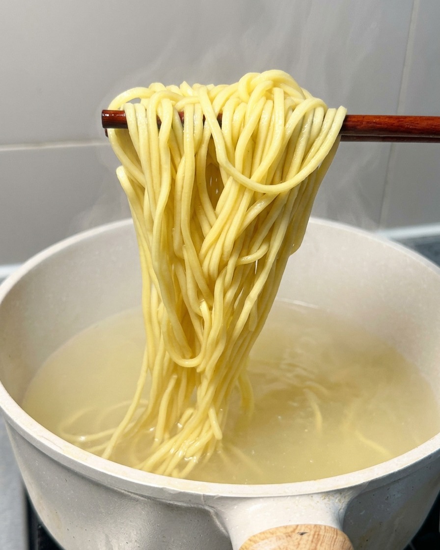 Porcja ugotowanego żółtego makaronu ramen podnoszona z garnka z wrzącą wodą za pomocą pałeczek.