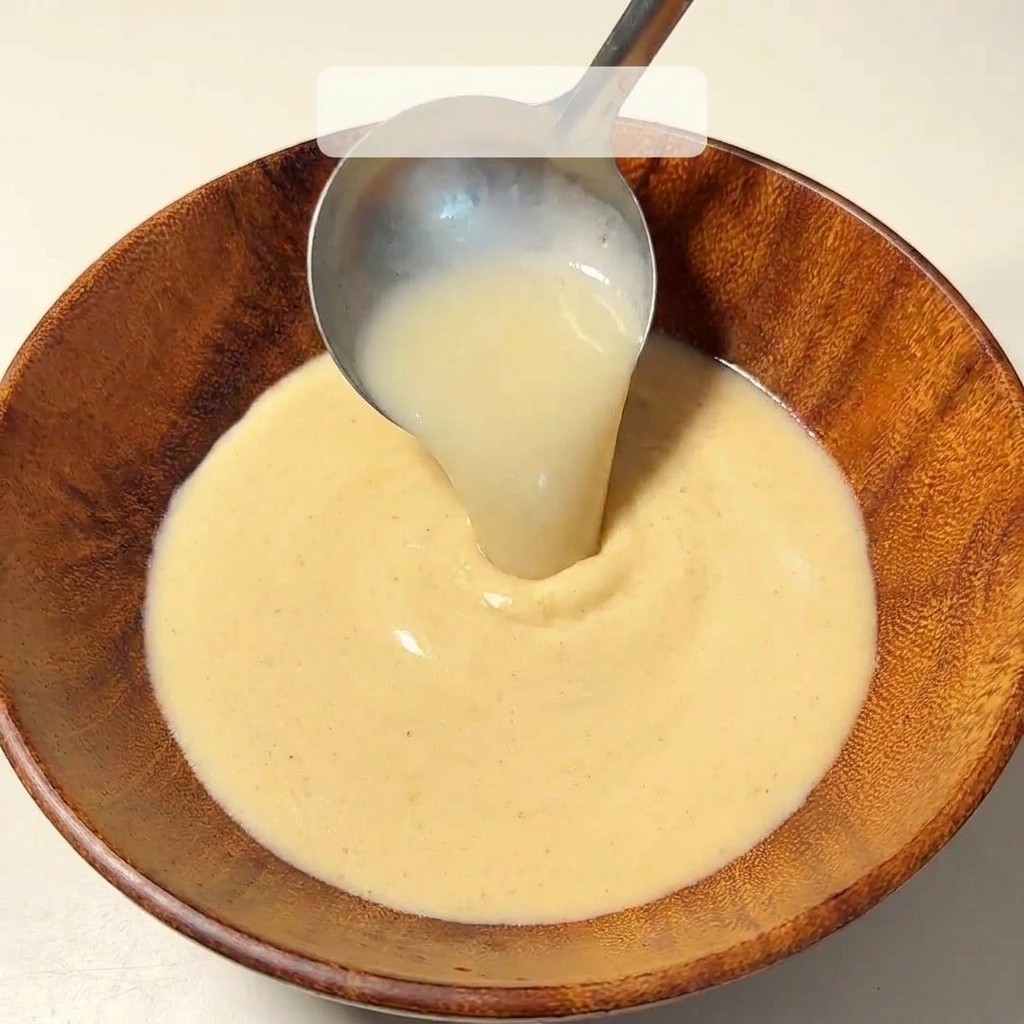 Metalowa chochla wlewająca kremowy bulion tonkotsu do drewnianej miski.