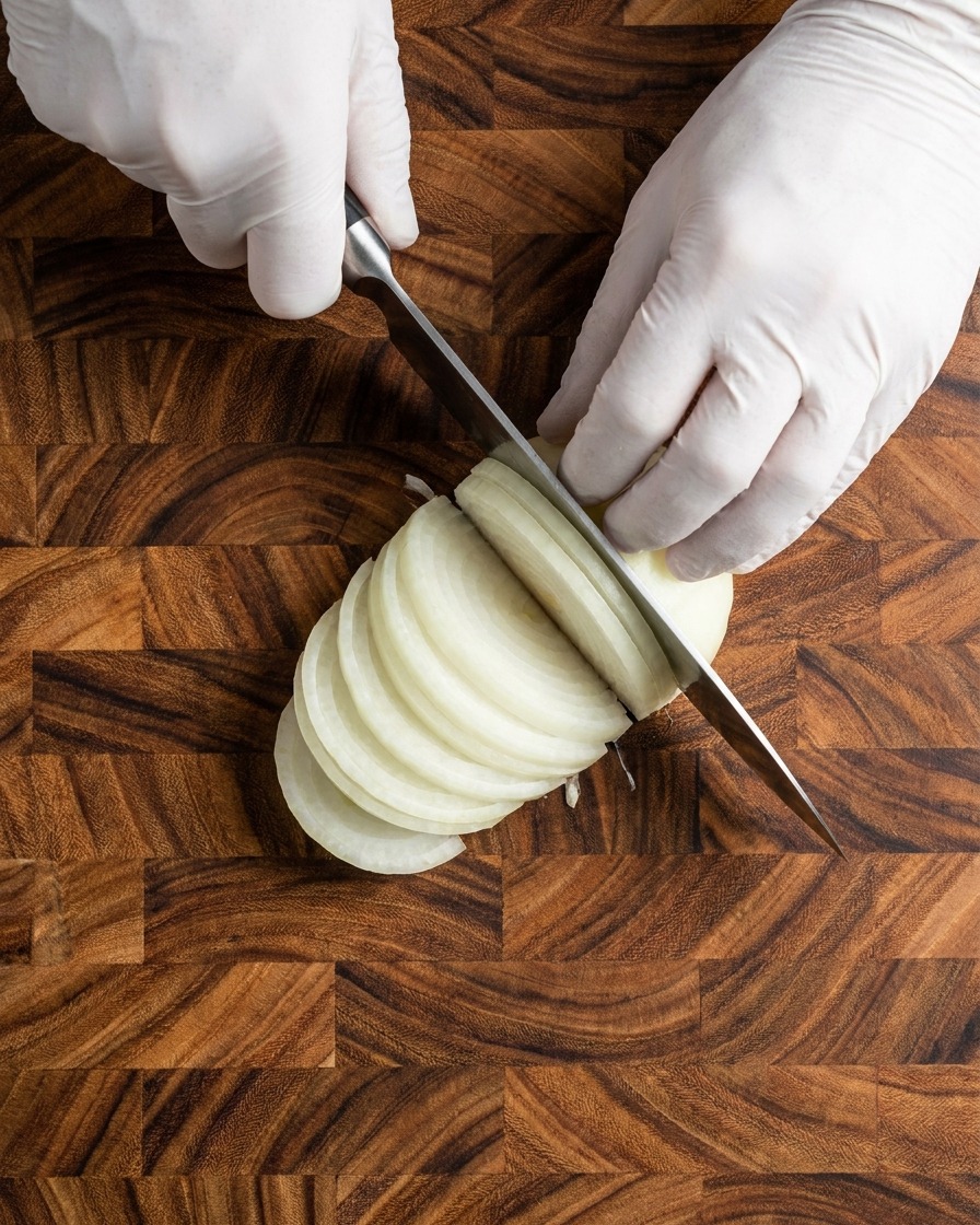 Krojenie białej cebuli w cienkie plasterki na drewnianej desce kuchennej.