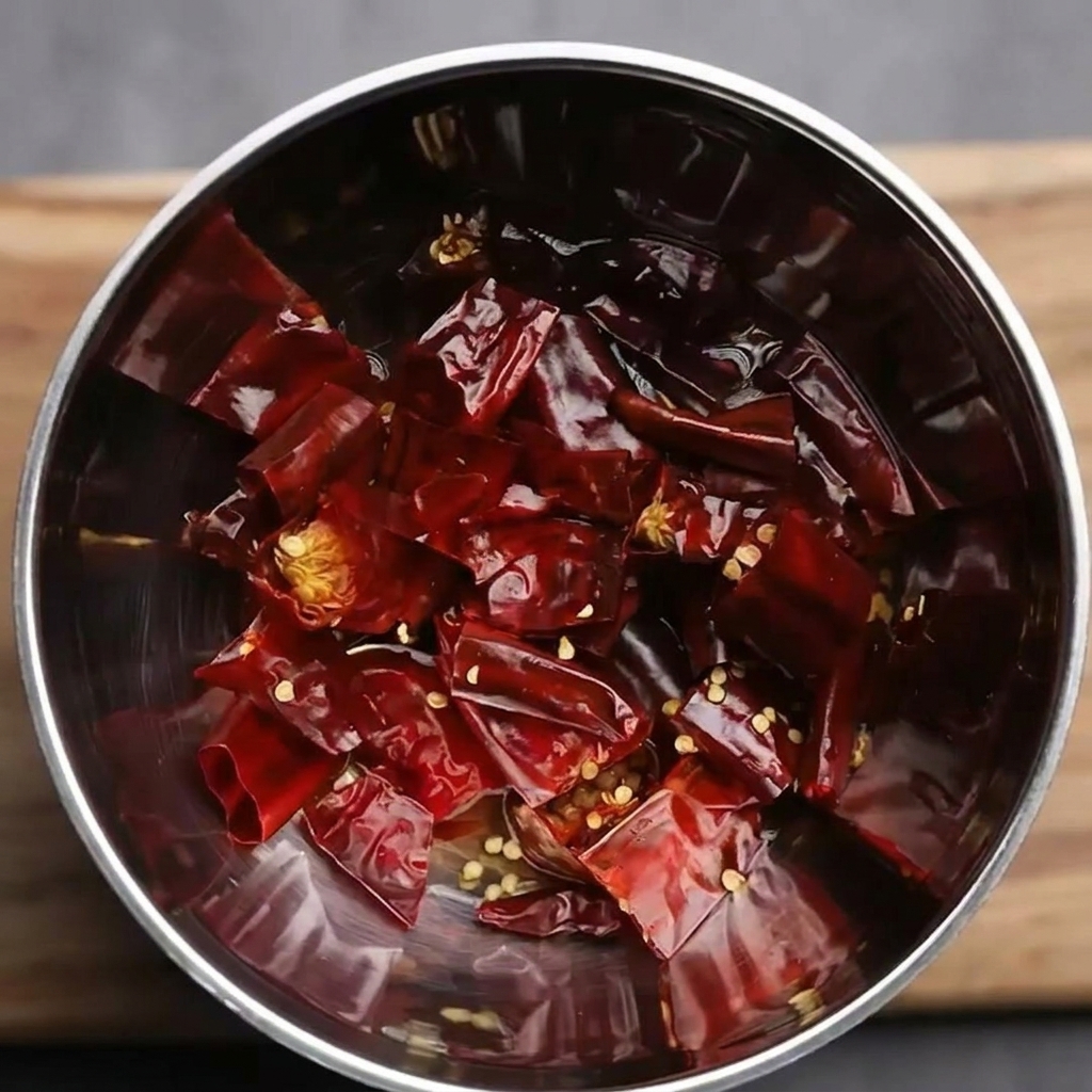 Miska z namoczonymi całymi suszonymi papryczkami chili.