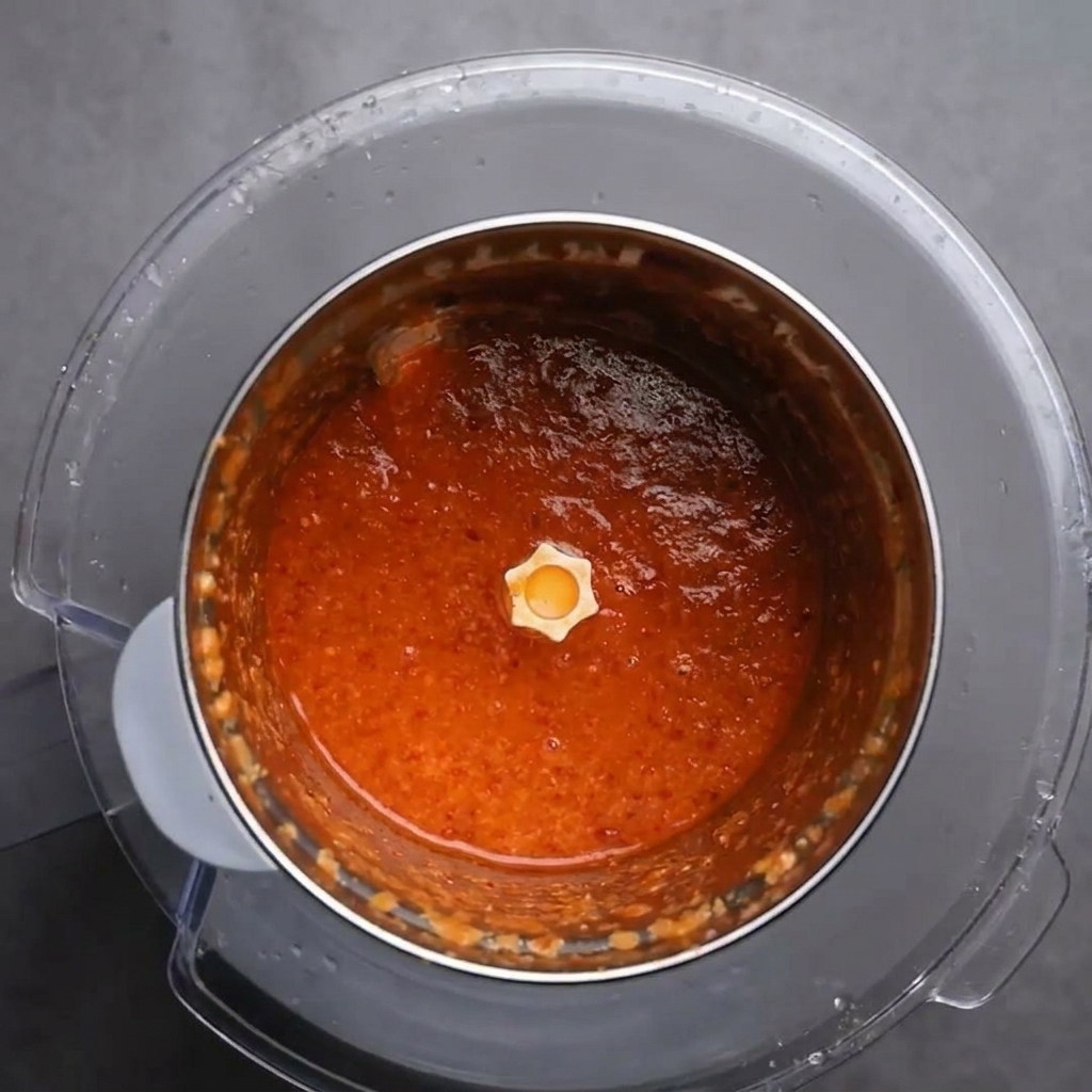 Gładka, jaskrawoczerwona pasta chili w kielichu blendera.