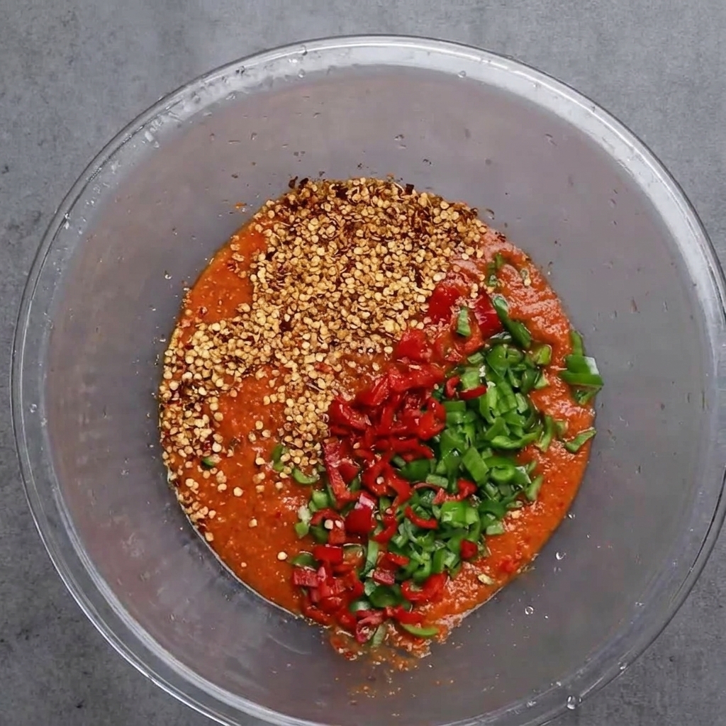 Miska z pastą chili i świeżymi warzywami przygotowana do doprawienia.