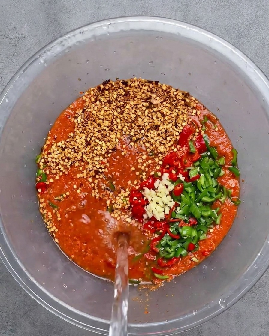 Wlewanie czystej wody do szklanej miski z bazą chili i przyprawami.