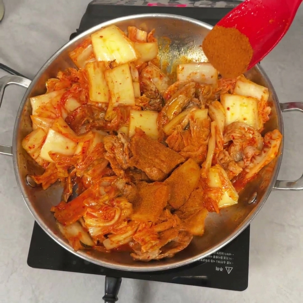Czerwona łopatka trzymająca mieloną paprykę chili nad podsmażanym boczkiem i szklistym kimchi.