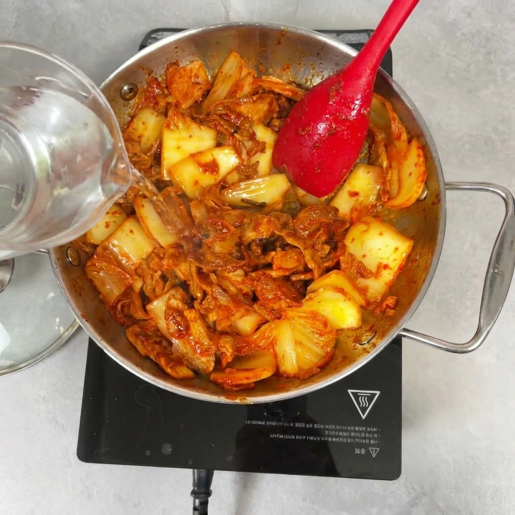Woda wlewana ze szklanej miarki do naczynia z podsmażonym kimchi i wieprzowiną.