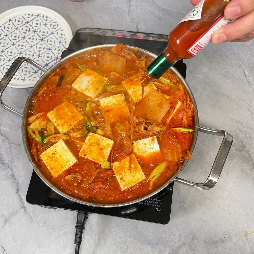 Dodawanie kilku kropel ostrego sosu paprykowego bezpośrednio do garnka z zupą i tofu.
