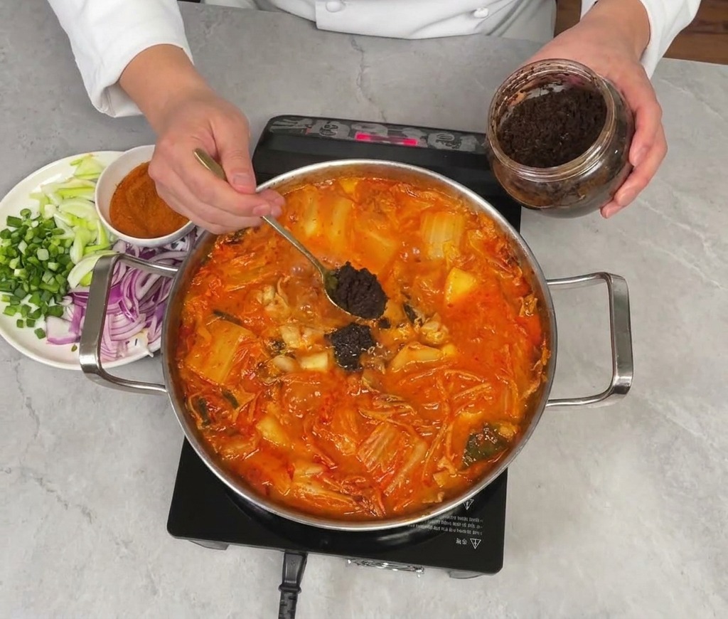 Dodawanie łyżeczki ciemnej pasty sojowej do gotującego się koreańskiego gulaszu.
