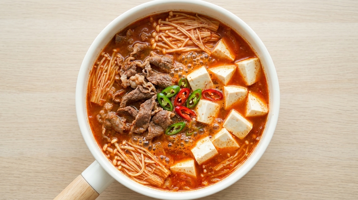 Pikantna zupa kimchi z wołowiną i tofu