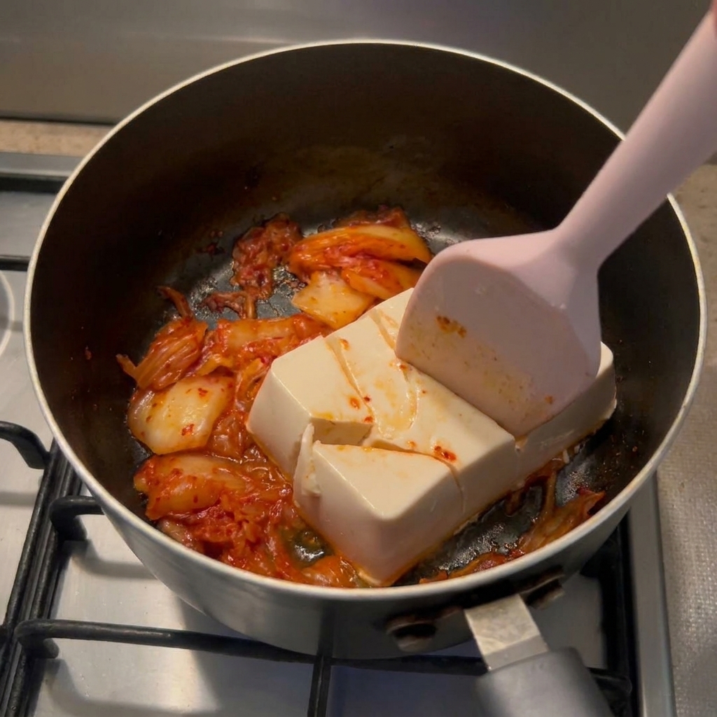 Różowa szpatułka naciskająca na blok miękkiego białego tofu, dzieląca je na duże kawałki w garnku z kimchi.