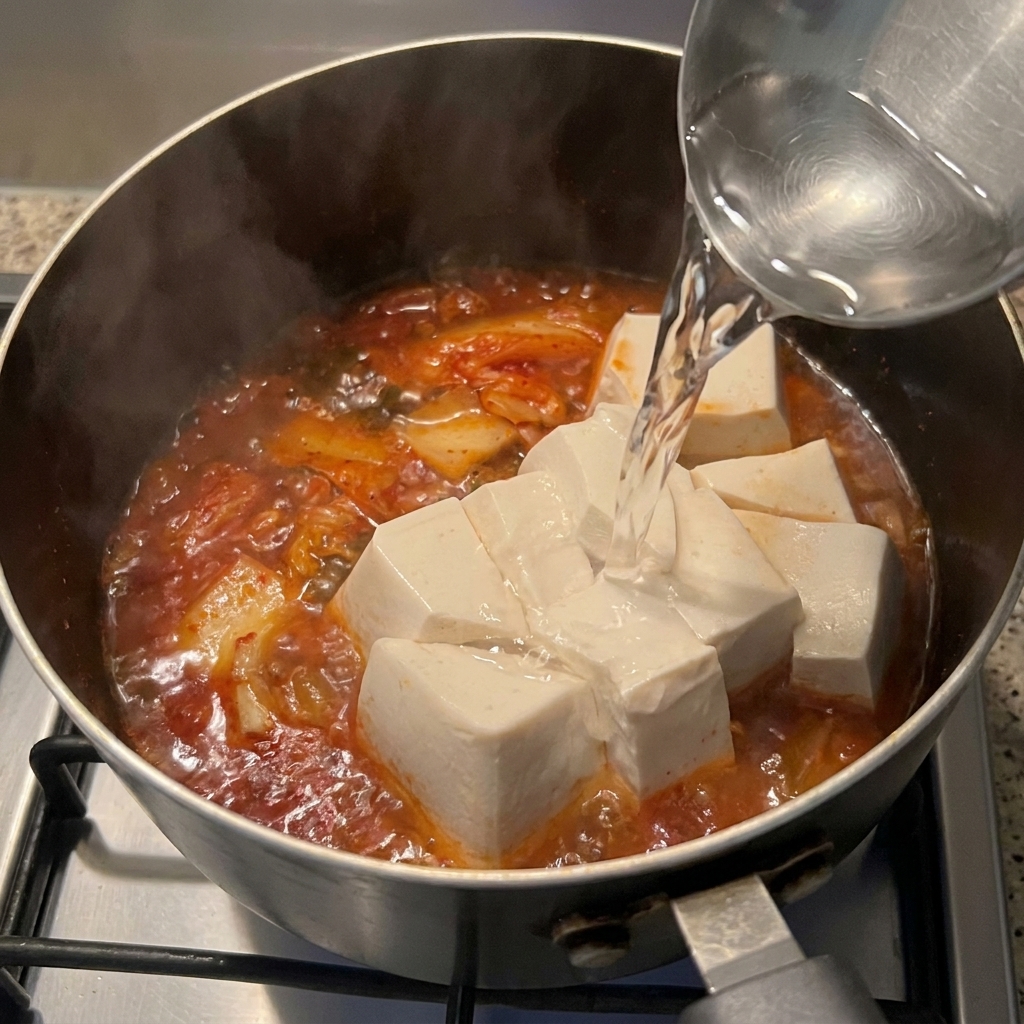 Gorąca woda wlewana z metalowej chochelki na kawałki białego tofu i czerwone kimchi w garnku.