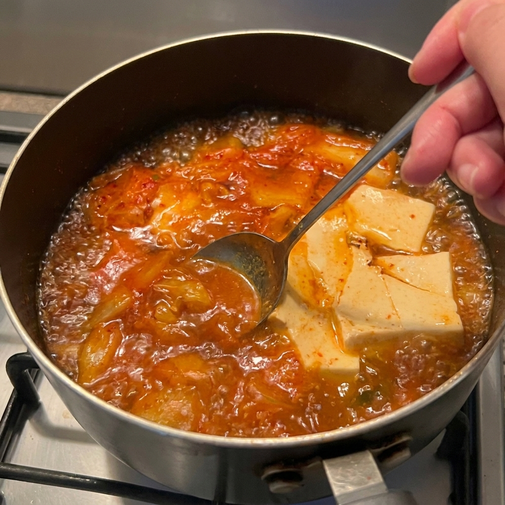 Metalowa łyżka dodająca ciemnoczerwoną pastę chili do bulgoczącego, pomarańczowego bulionu z kimchi i tofu.