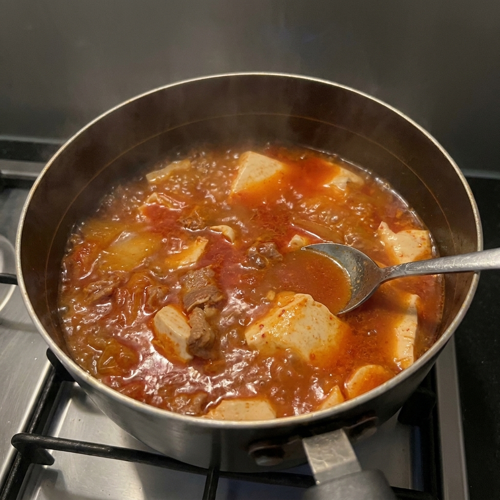 Łyżka zanurzona w gotowej, bulgoczącej zupie kimchi z widocznymi kawałkami wołowiny i miękkim białym tofu.