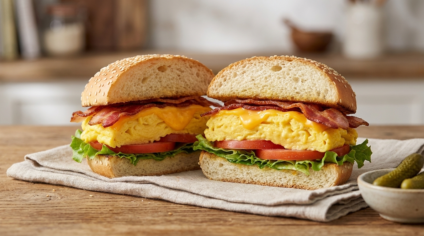 Wyśmienity burger śniadaniowy z puszystą jajecznicą i chrupiącym boczkiem