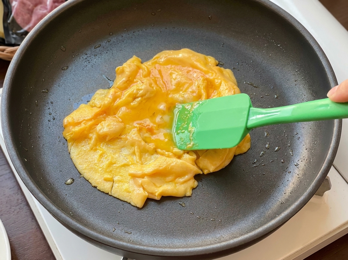 Łopatka zdejmująca delikatną jajecznicę z patelni.