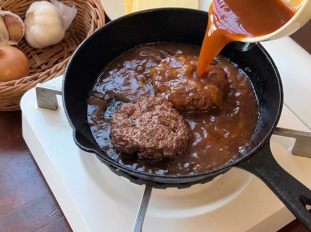 Gęsty, brązowy sos wylewany na usmażone kotlety na czarnej patelni.