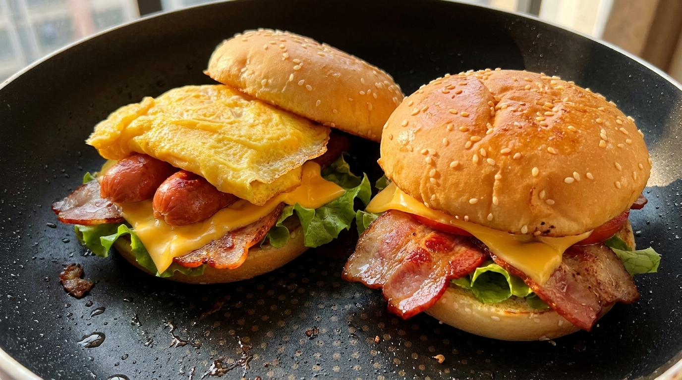 Domowy burger śniadaniowy z boczkiem, jajkiem i parówką