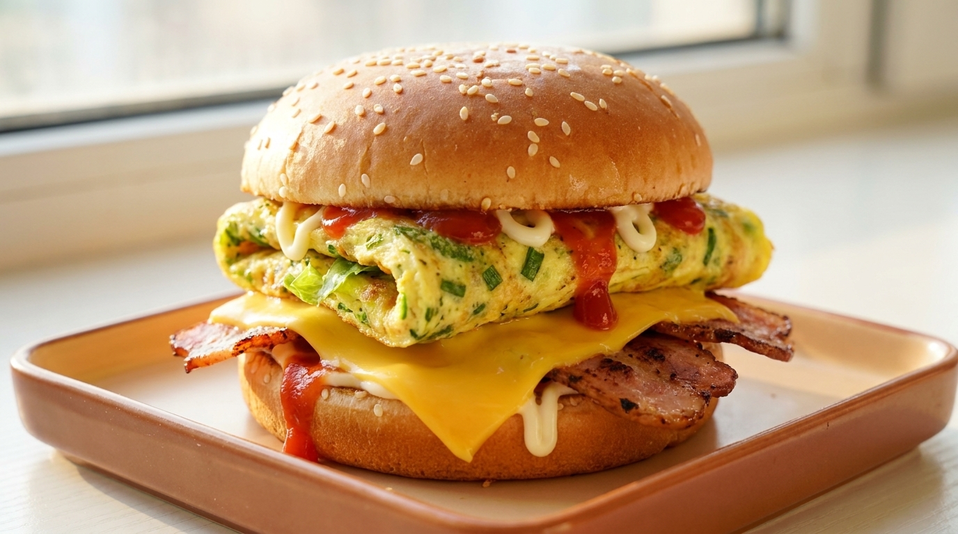 Śniadaniowy burger z jajkiem i boczkiem w 10 minut