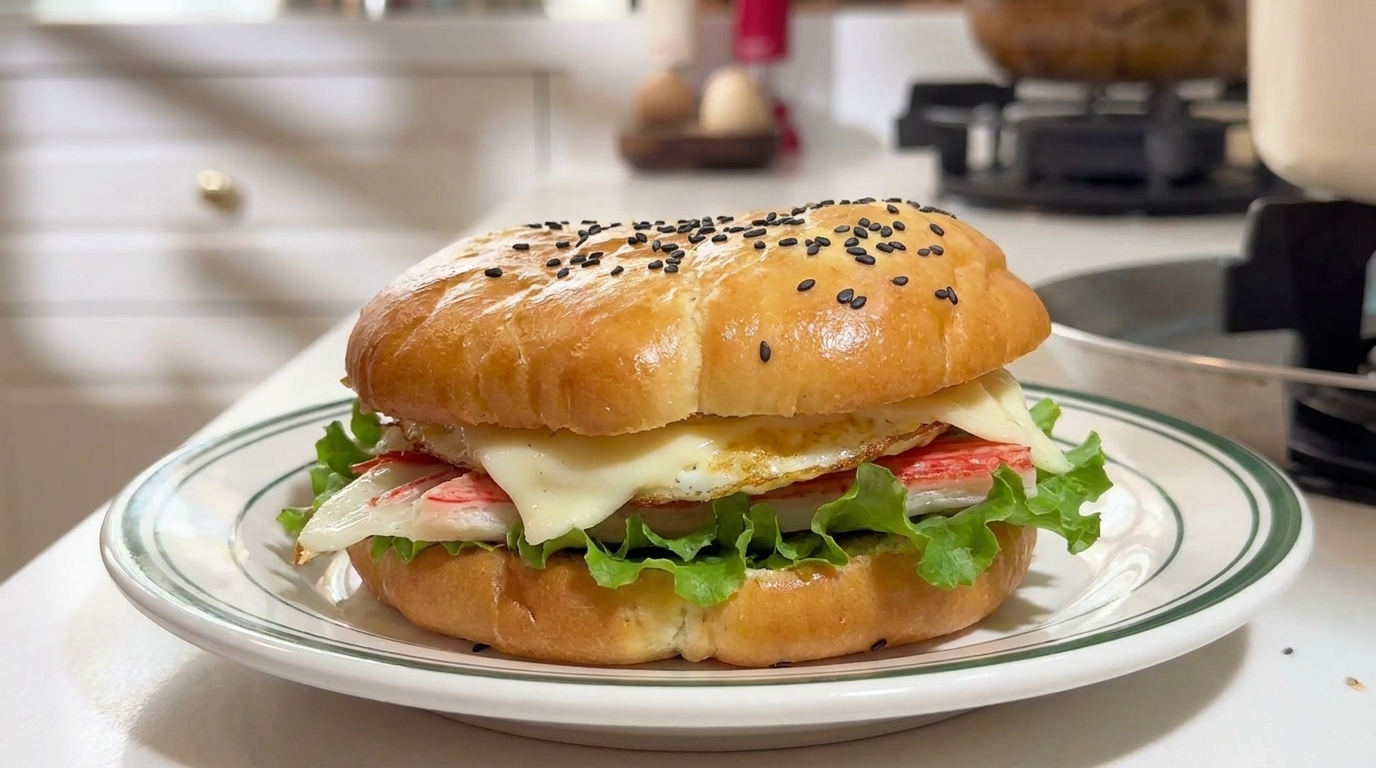 Maślany pancake burger śniadaniowy z jajkiem i krabem