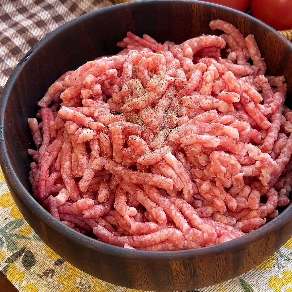 Świeżo zmielony czarny pieprz i sól na surowej, mielonej wołowinie w drewnianej misce.