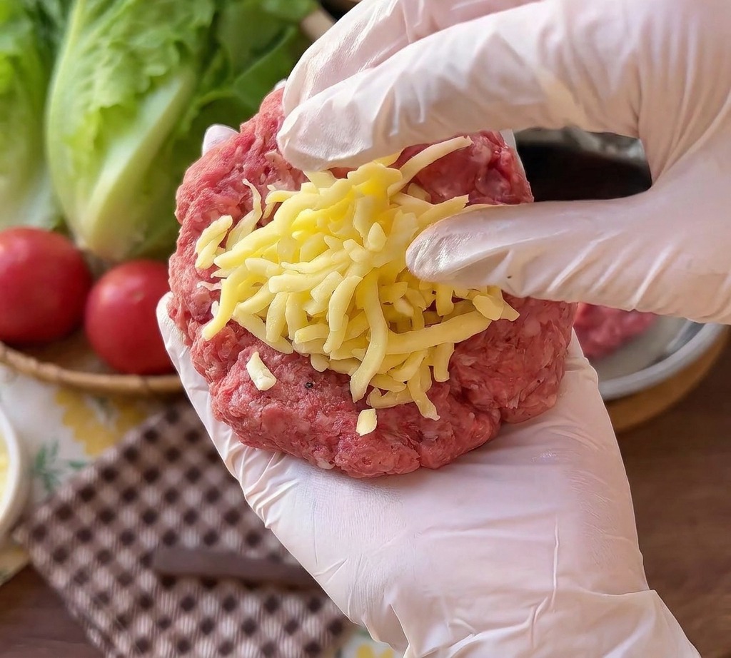 Dłoń w rękawiczce trzymająca surowego burgera wołowego posypanego sporą ilością startej białej mozzarelli.
