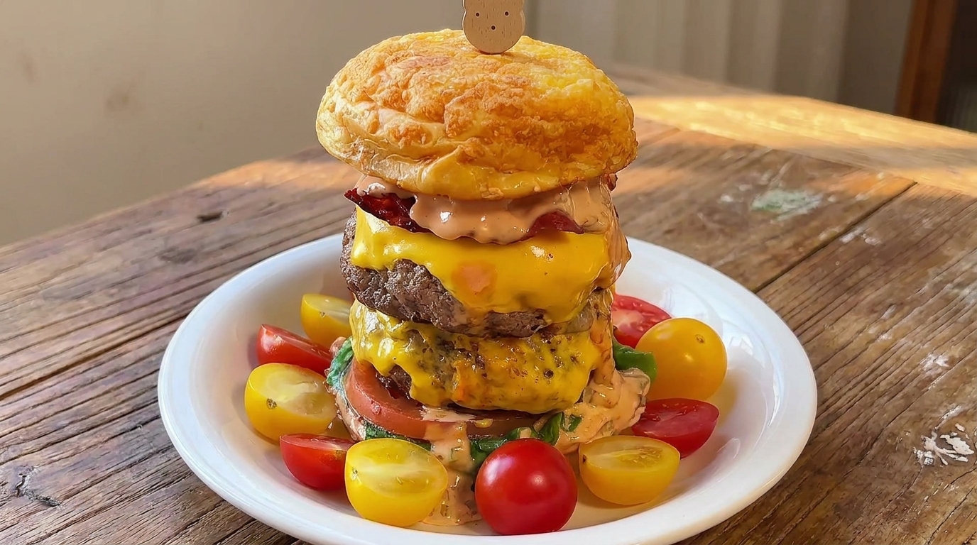 Wołowy Lava Burger z Podwójnym Serem i Chrupiącym Boczkiem
