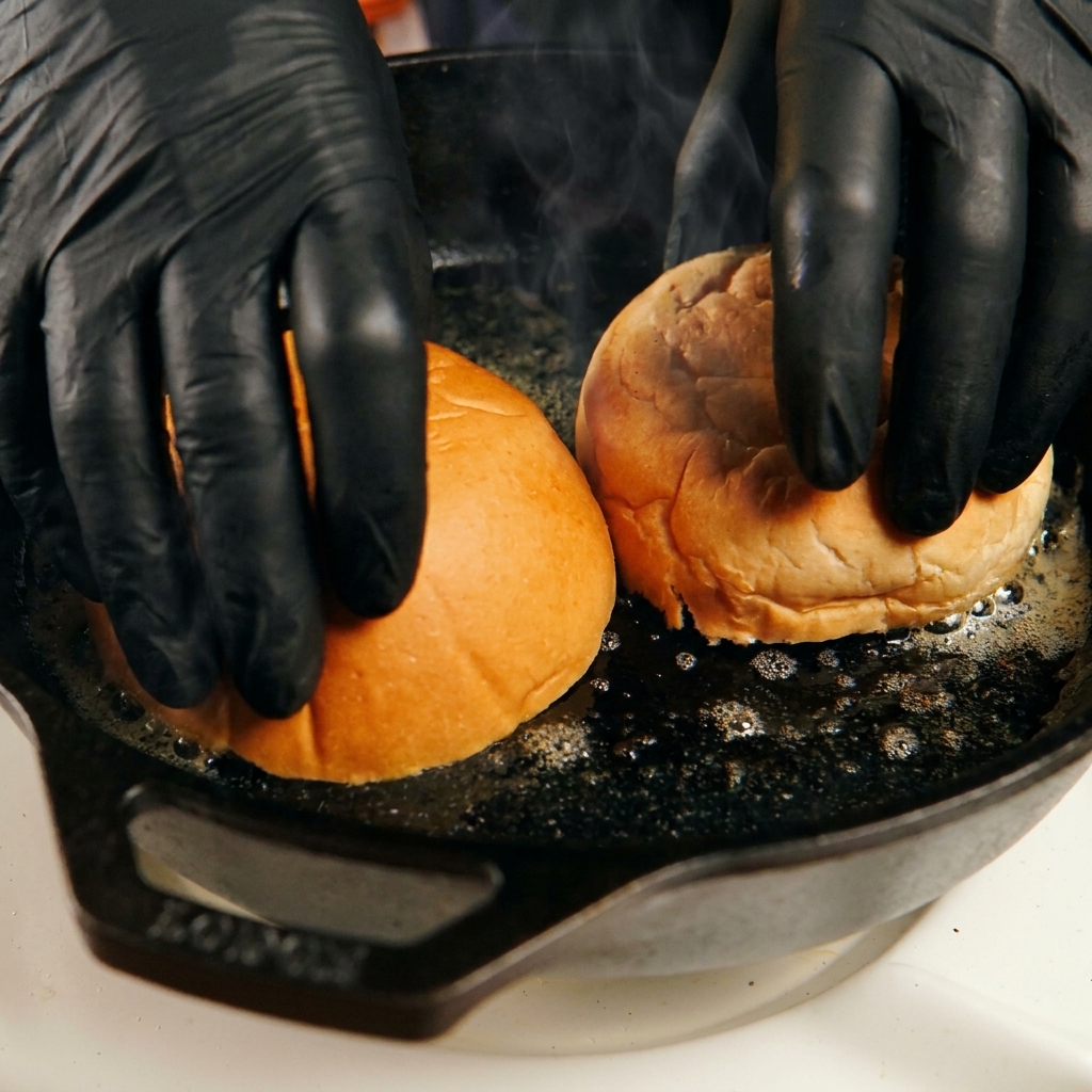 Połówki bułek brioche dociskane do gorącej żeliwnej patelni z roztopionym masłem.