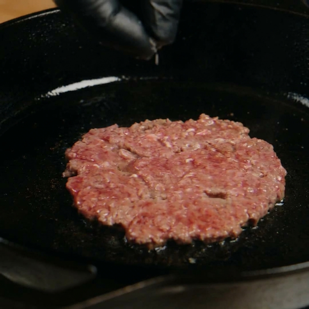 Ręka posypująca solą i pieprzem smażonego burgera na patelni.
