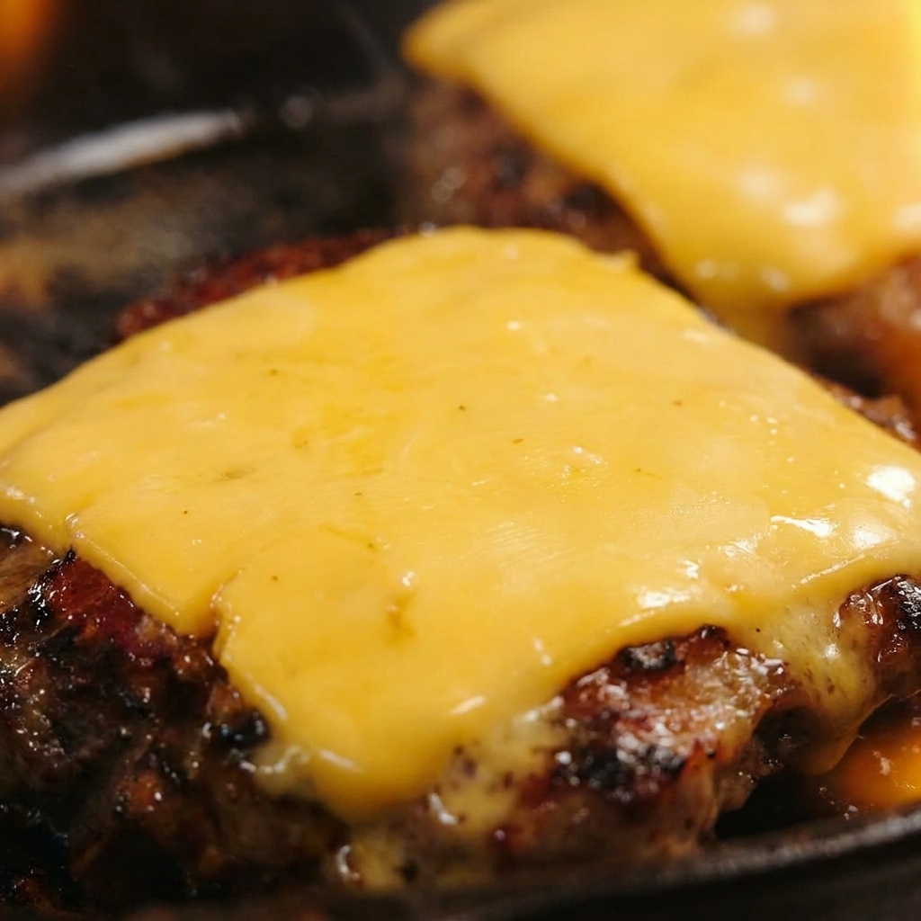 Zbliżenie na plaster sera cheddar topiący się na wysmażonym burgerze.