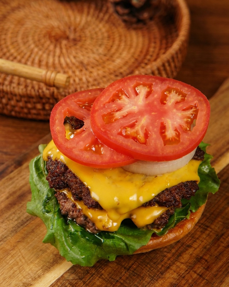 Plastry pomidora i cebuli układane na stosie potrójnego cheeseburgera.