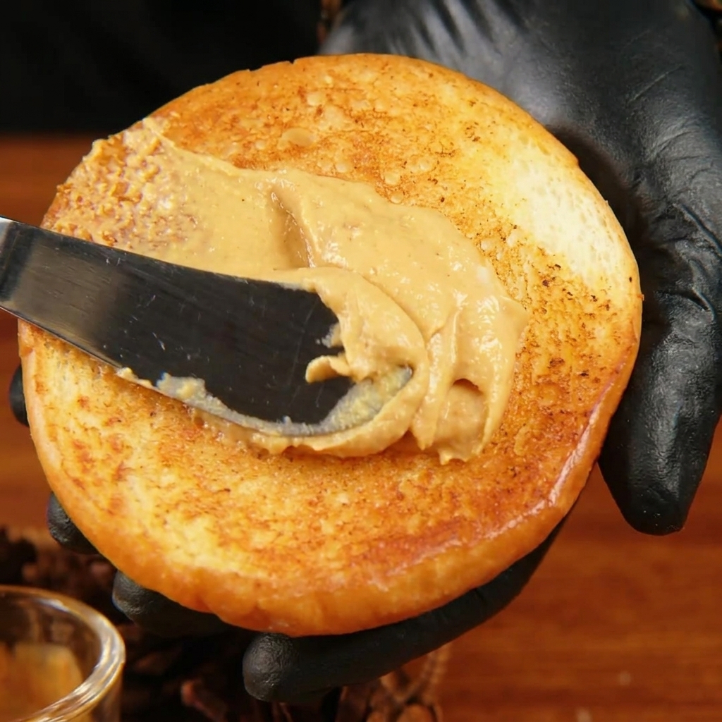 Ręka smarująca grubą warstwę sosu na wewnętrznej stronie górnej bułki brioche.