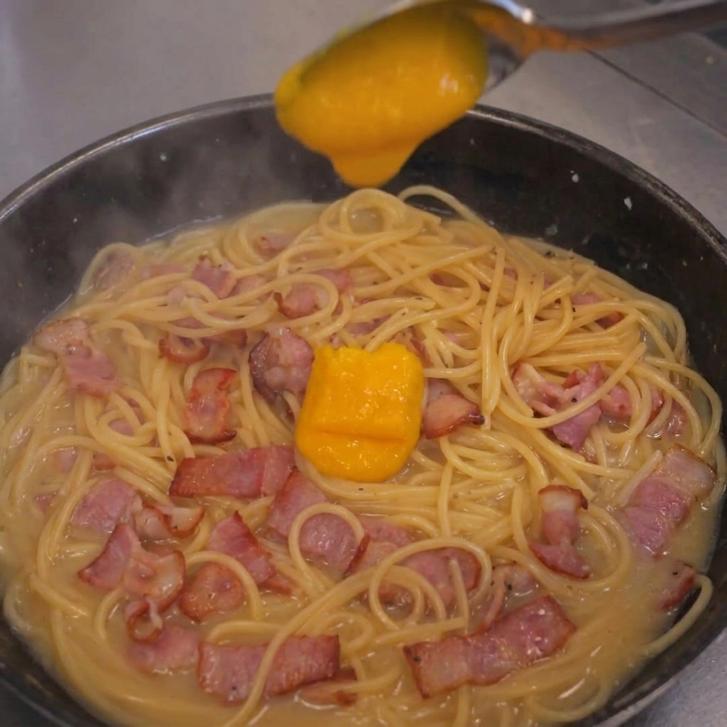 Gęsta, jaskrawopomarańczowa masa z żółtek i sera wlewana na patelnię ze spaghetti i boczkiem.
