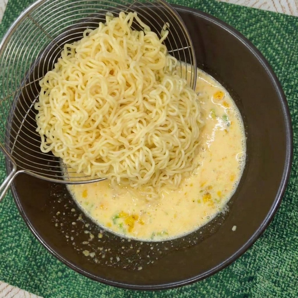 Sitko przekładające porcję ugotowanego makaronu do miski z kremowym bulionem.