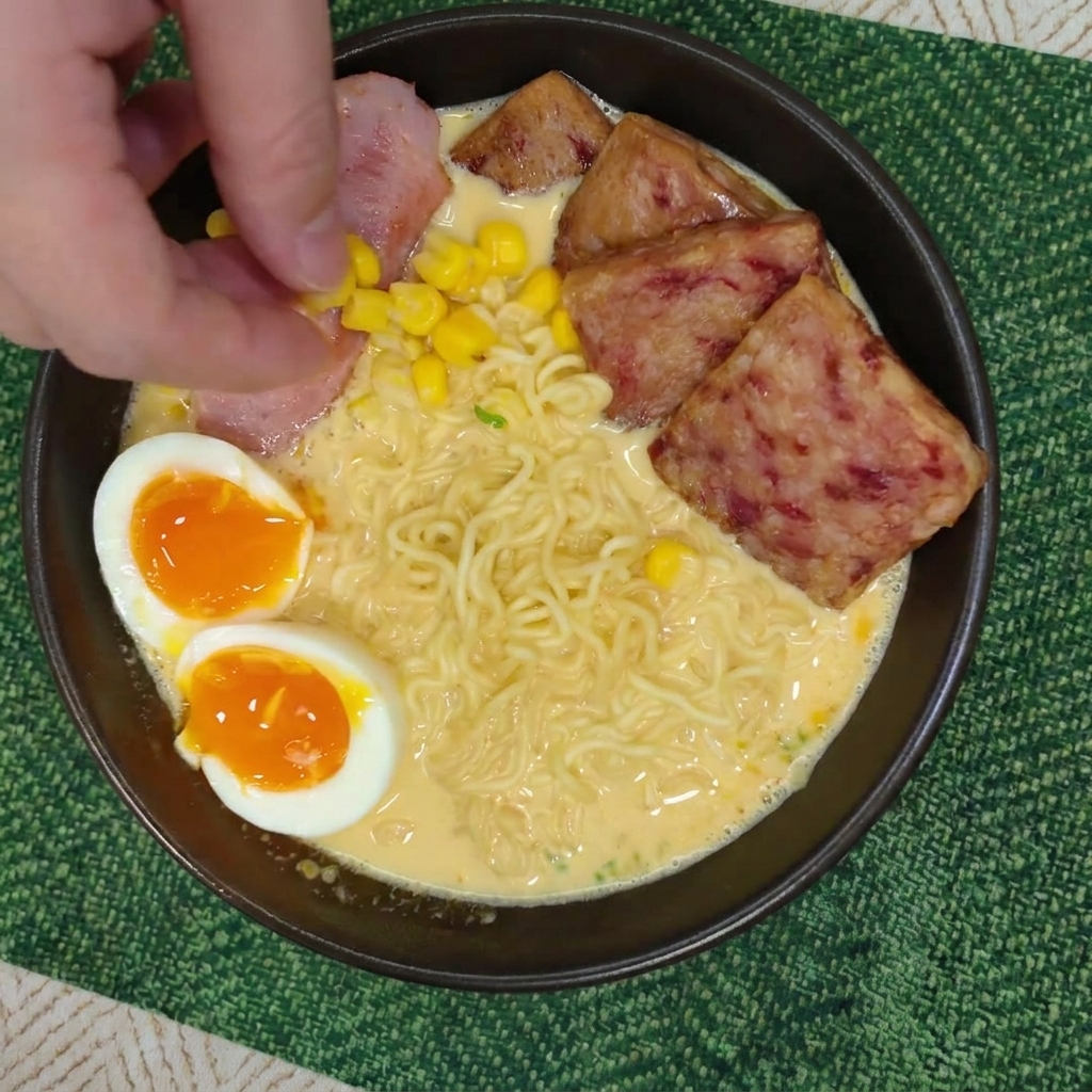 Kukurydza sypana do miski z kremowym ramenem, mielonką i jajkiem.