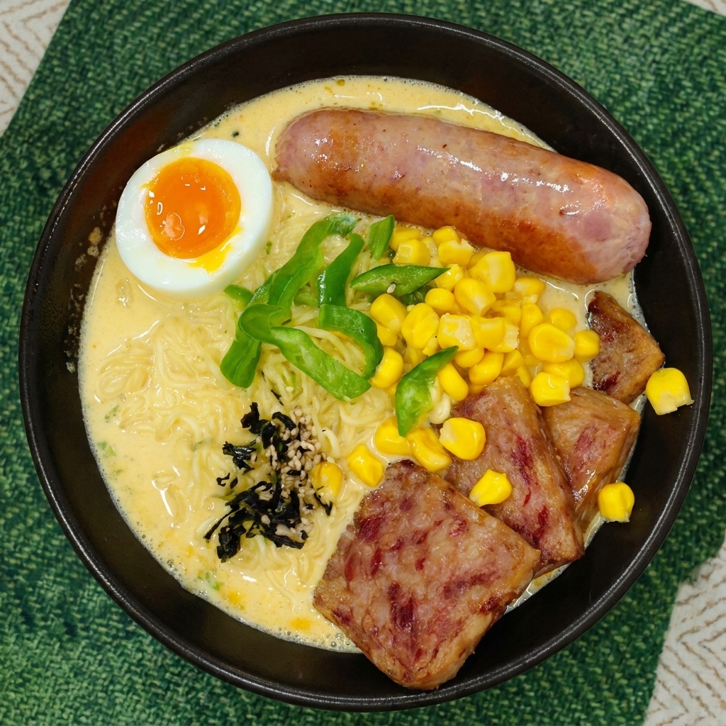 Widok z góry na gotowy ramen posypany płatkami wodorostów i sezamem.