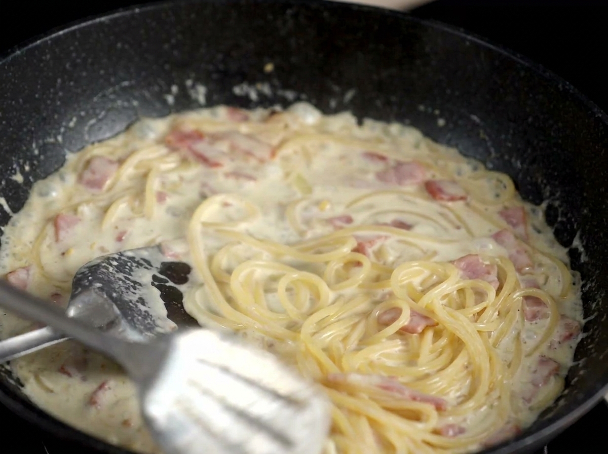 Spaghetti mieszane łopatką w gęstym, kremowym sosie z kawałkami boczku.