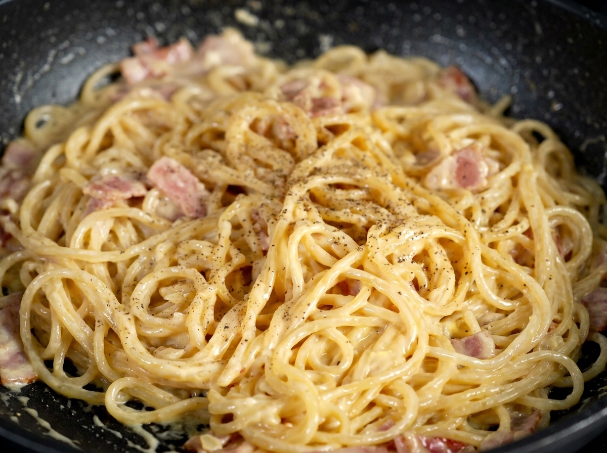 Zbliżenie na kremowe spaghetti z boczkiem i posiekaną zieloną pietruszką.