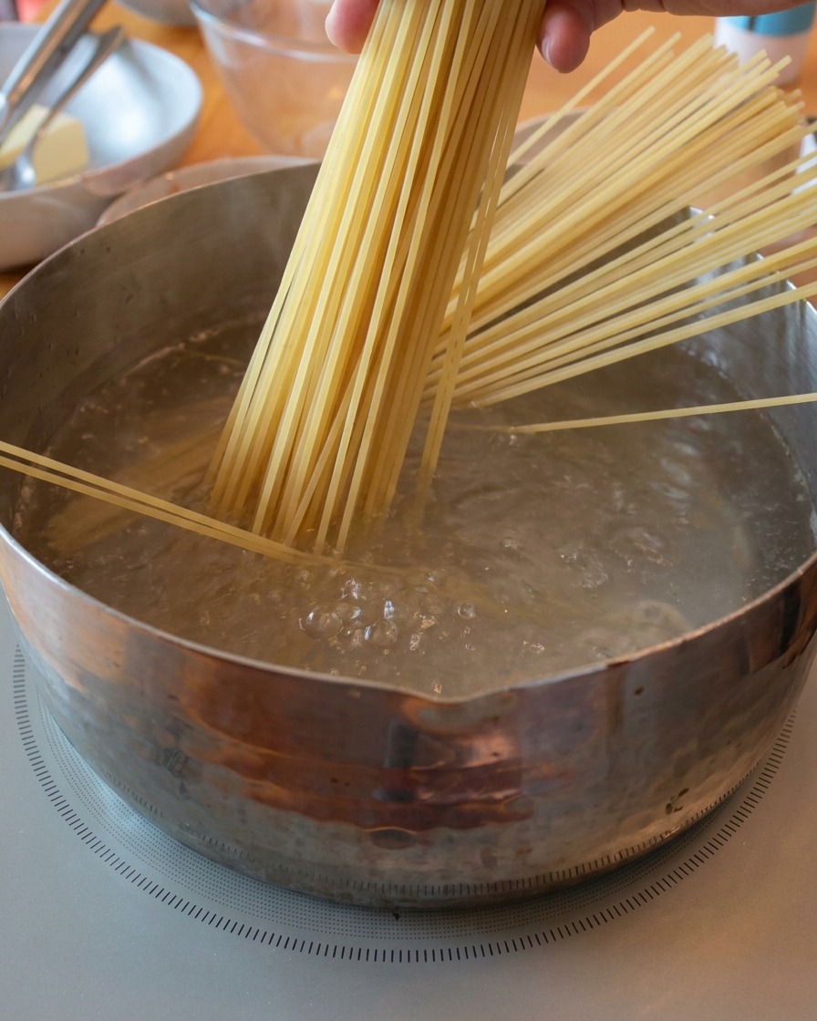 Dłoń trzymająca pęk suchego spaghetti pionowo nad garnkiem z intensywnie gotującą się wodą.