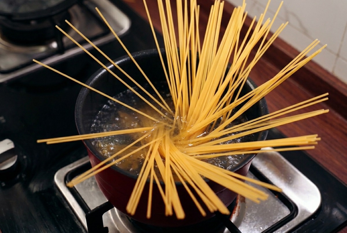 Wiązka suchego makaronu spaghetti rozkładająca się w garnku z wrzącą wodą.