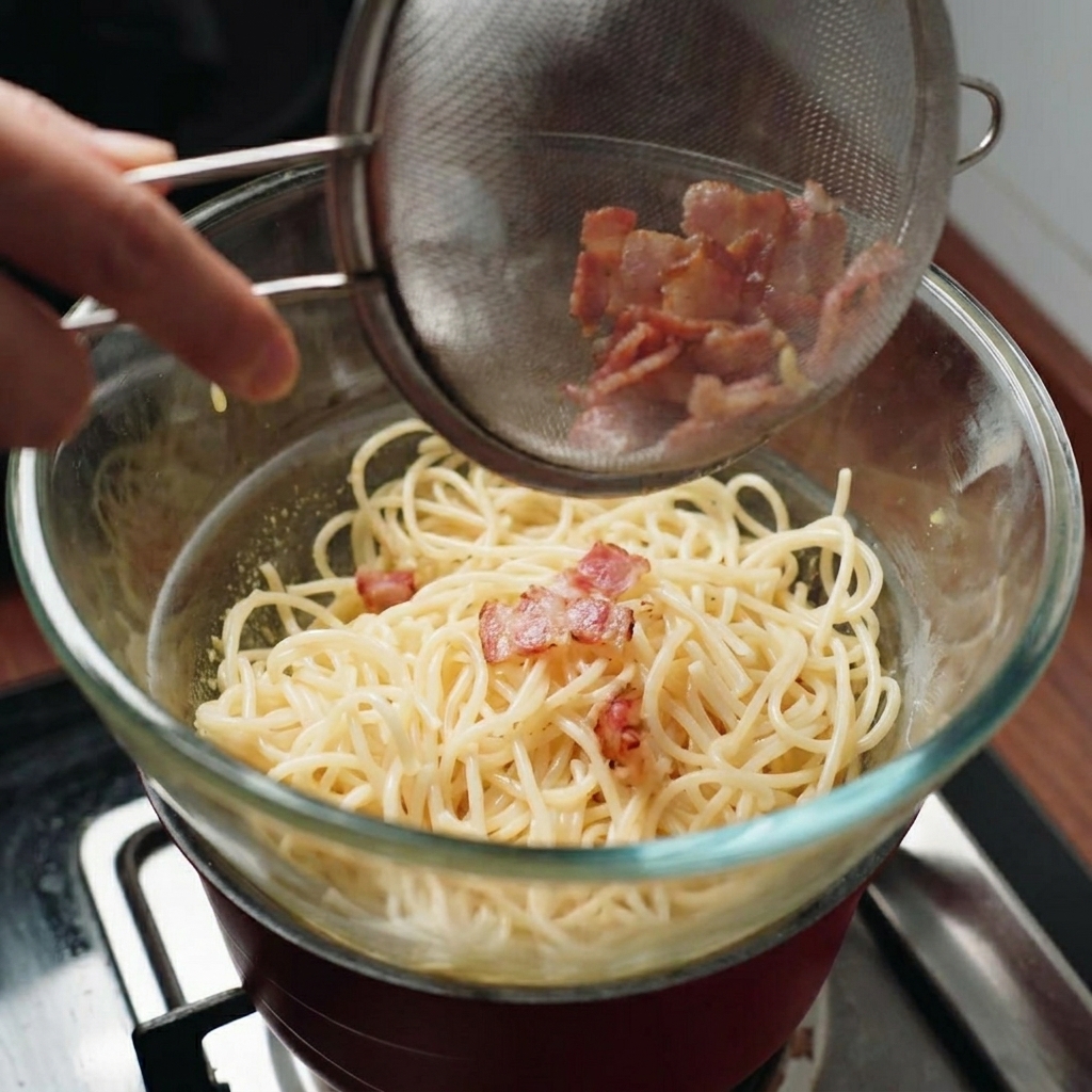 Chrupiące skwarki boczku wsypywane z sitka do miski ze spaghetti i kremowym sosem.