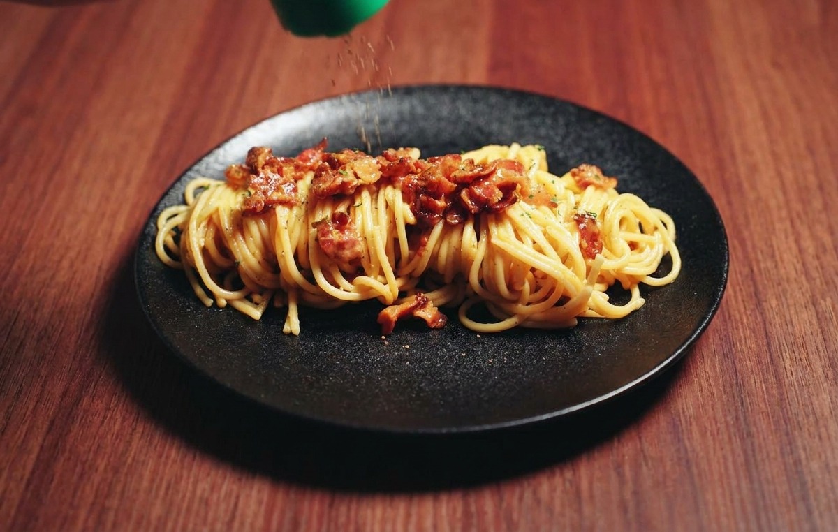 Świeżo mielony czarny pieprz sypany z zielonego młynka na porcję kremowego spaghetti carbonara.