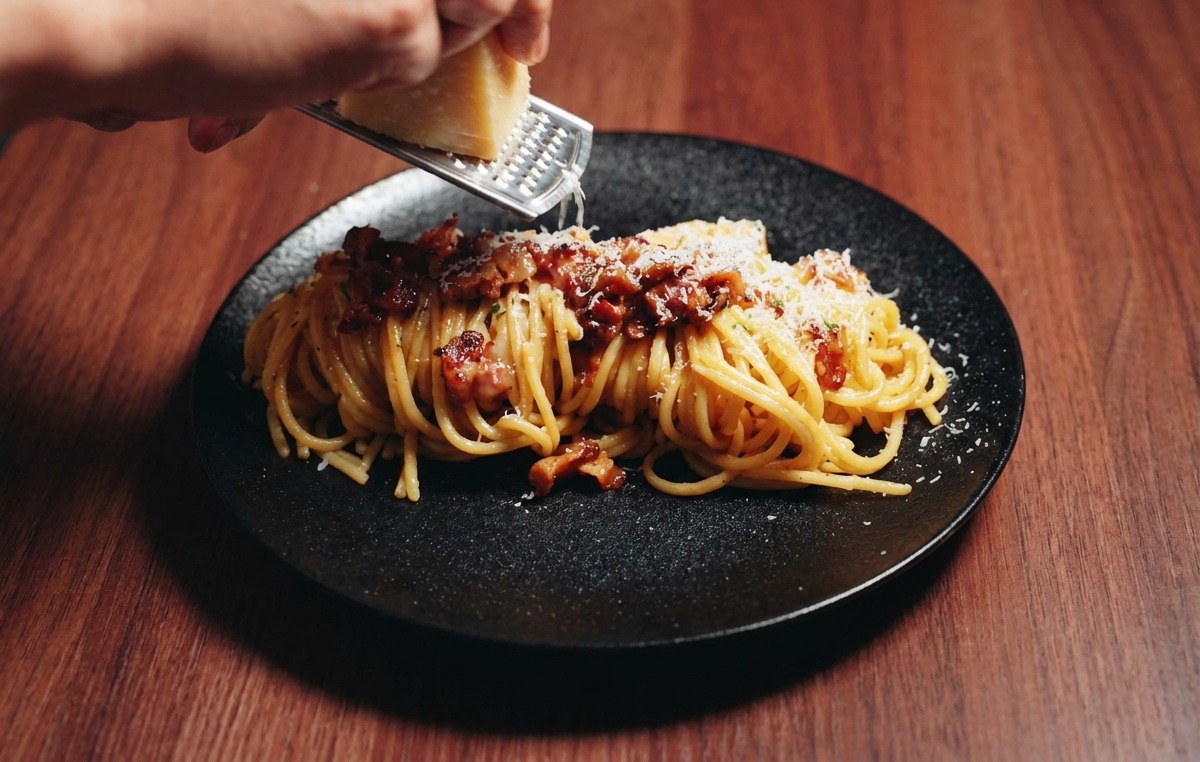 Dłoń ścierająca ser bezpośrednio na talerz spaghetti carbonara drobnymi wiórkami parmezanu.