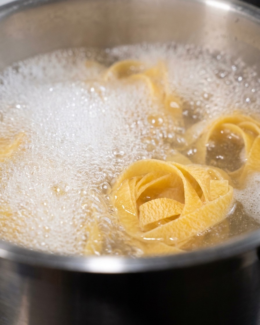 Gniazda makaronu fettuccine gotujące się we wrzątku z białą pianą.