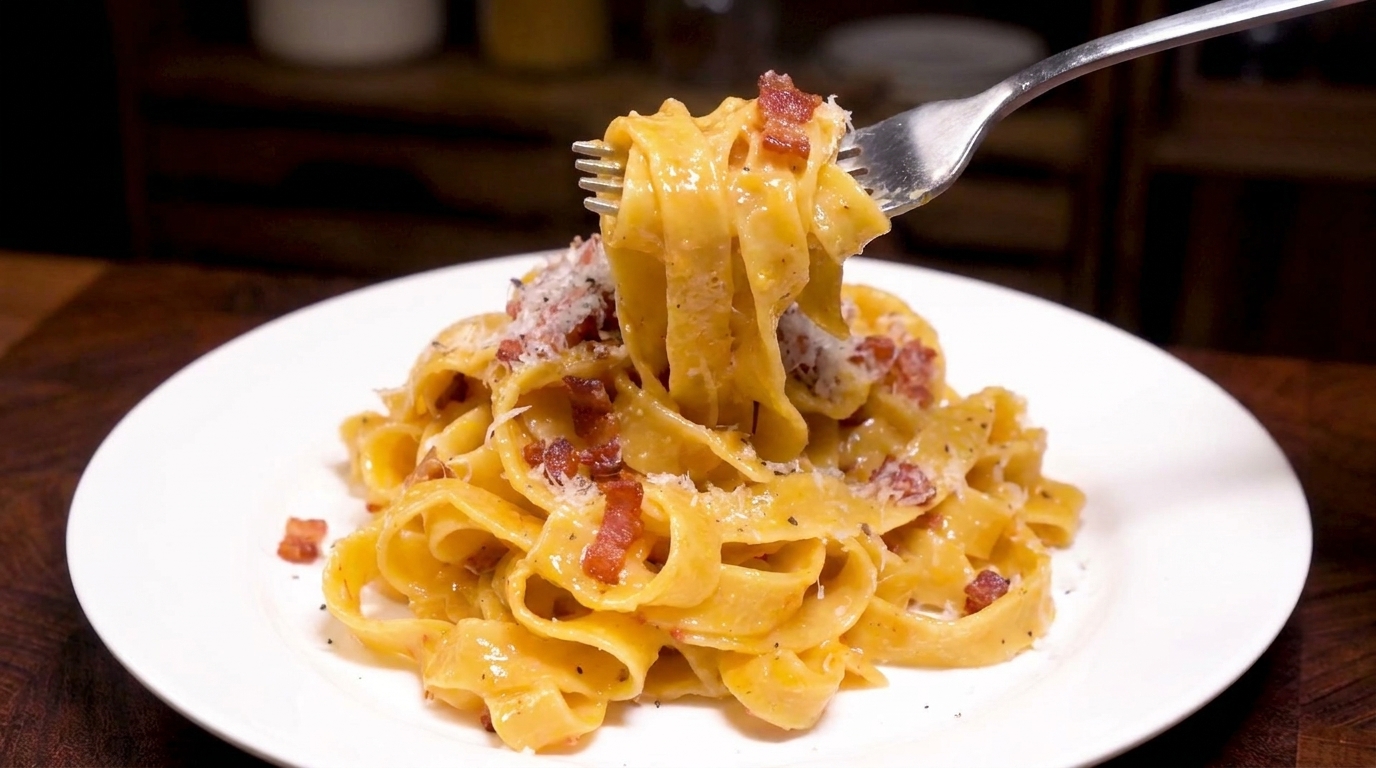 Kremowa Carbonara z Boczkiem i Aksamitnym Sosem Jajecznym