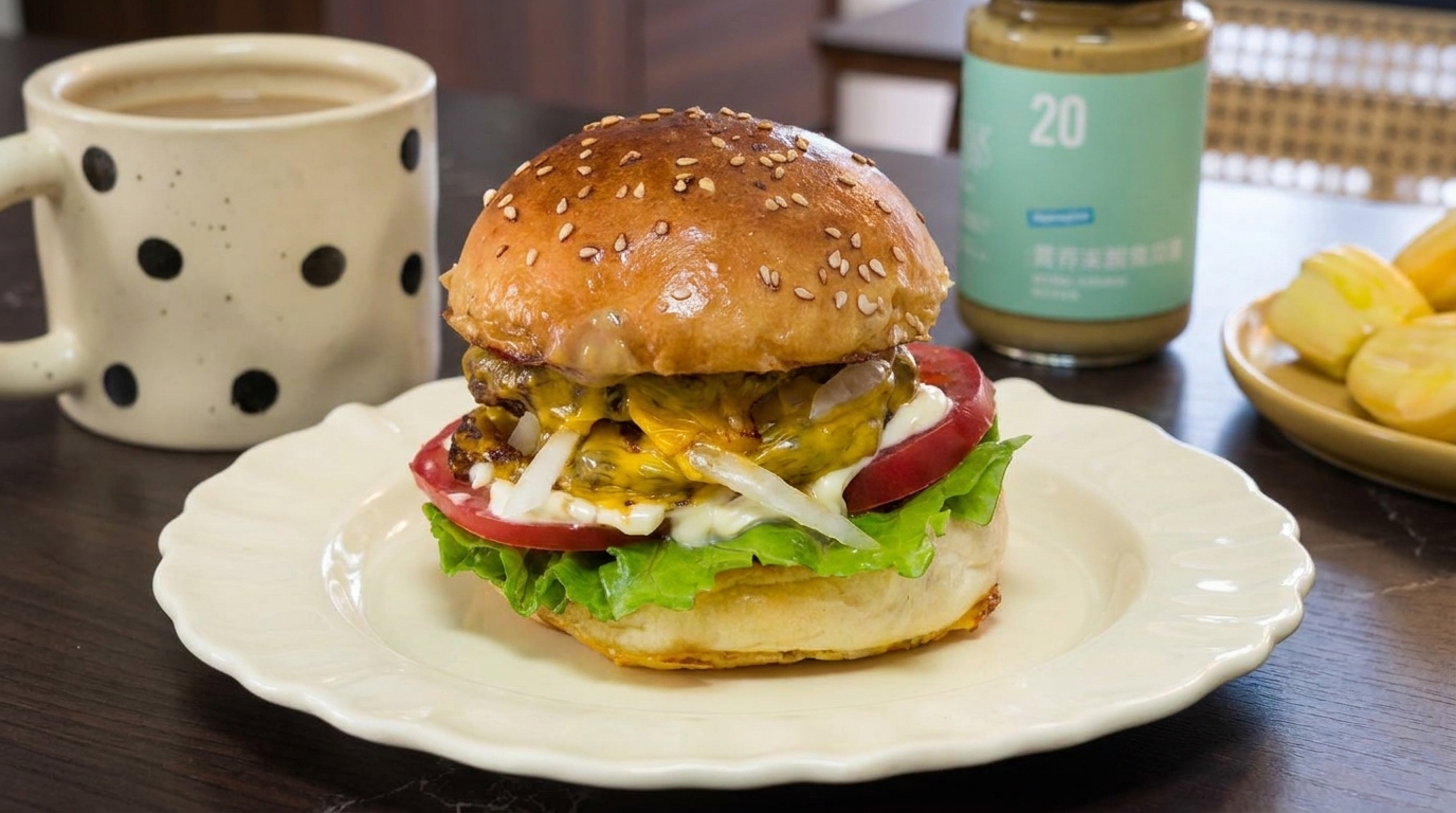 Domowy podwójny cheeseburger wołowy z własnoręcznie upieczonymi bułkami