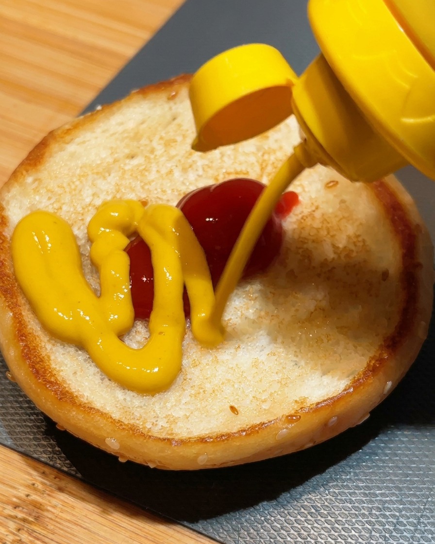 Musztarda nakładana na ketchup na opieczonym spodzie bułki z sezamem.