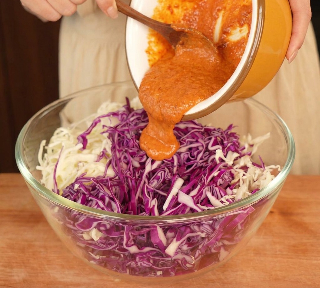 Pomarańczowy dressing wylewany z małej miski do dużej szklanej misy z poszatkowaną kapustą białą i czerwoną.