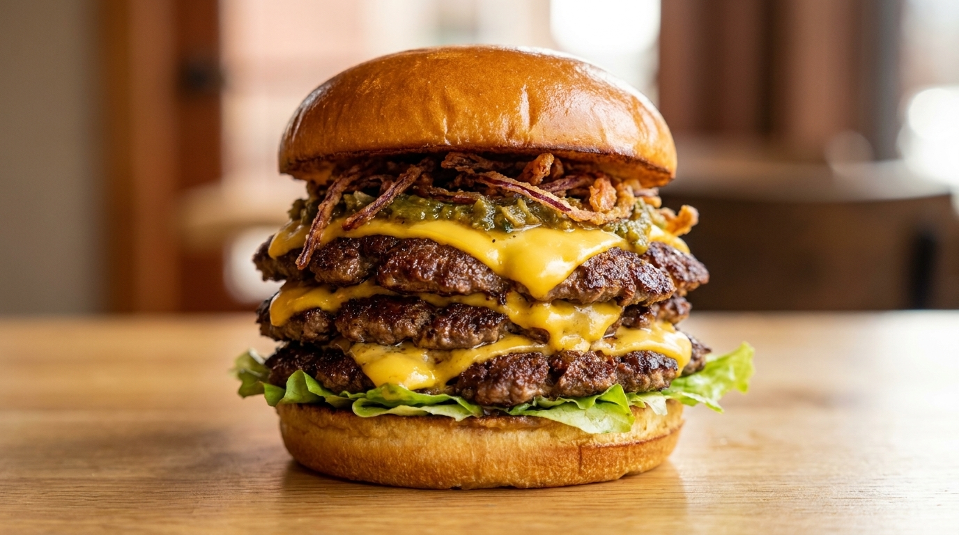 Potrójny Smash Burger z sosem z pieczonej papryki i chrupiącą cebulką
